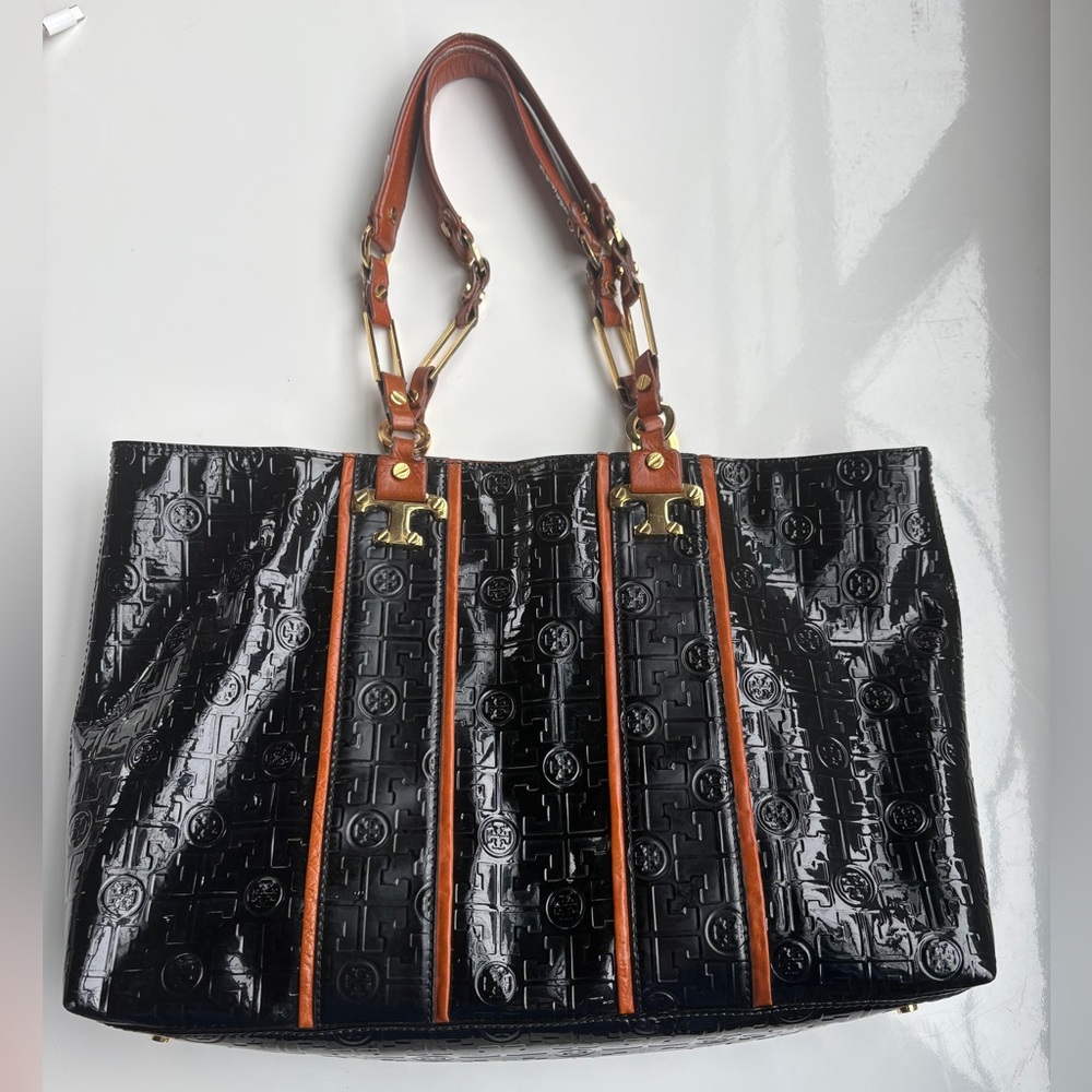 Tory Burch Nico Lux T East/West Black Patent Leather Tote Bag Brown Leather